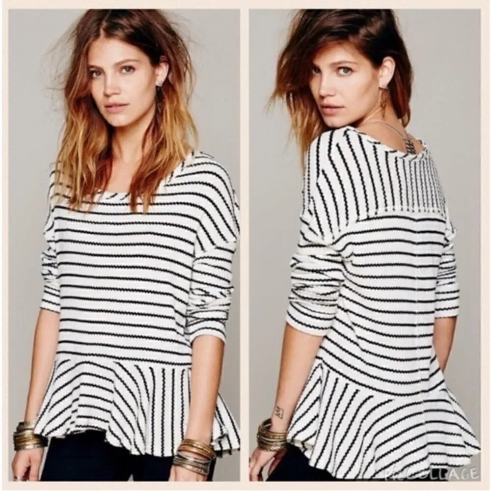 Free People We The Free Auntie Em Thermal Waffle Long Sleeve Top Peplum Size S